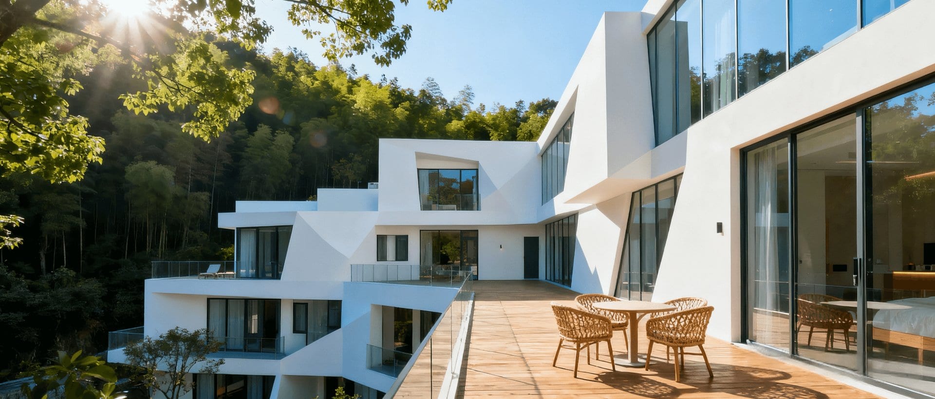 Modern boutique hotel terrace surrounded by forest — hotel amenities supplied by Yunastral